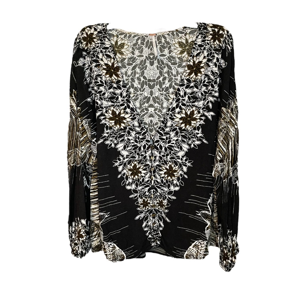FREE PEOPLE Boho Women's Blouse Deep V-Neck Black & White Size M